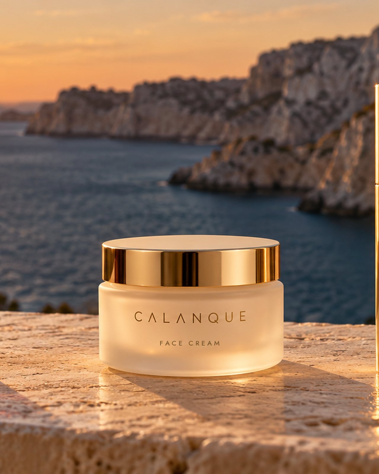 The cream jar on a stone ledge at sunset