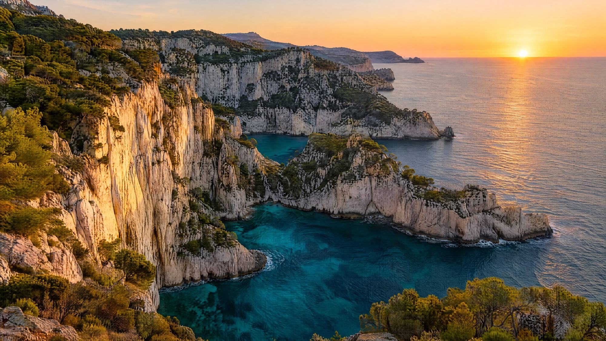 White limestone inlets of the calanques at sunset