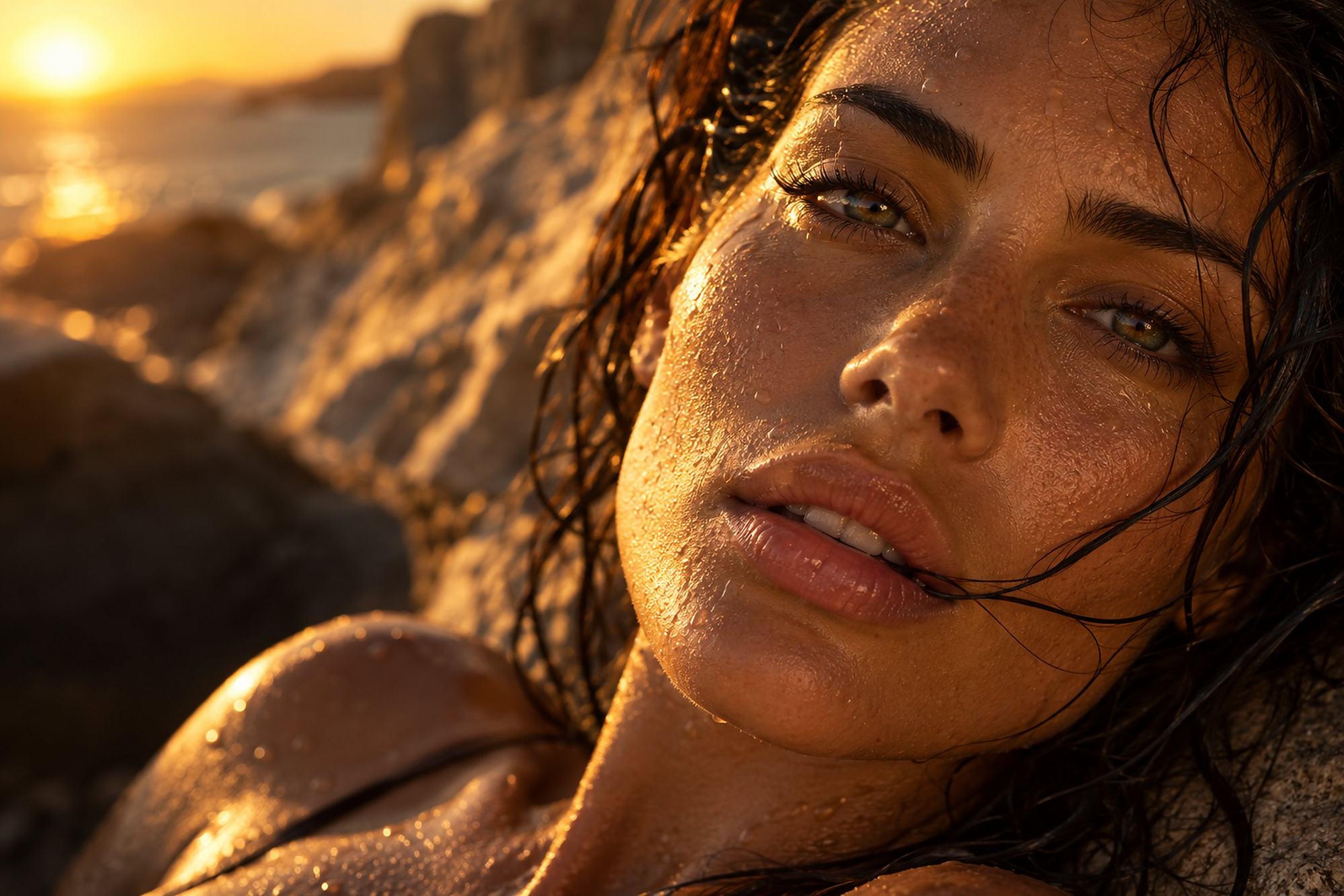 A woman lying on warm limestone at sunset