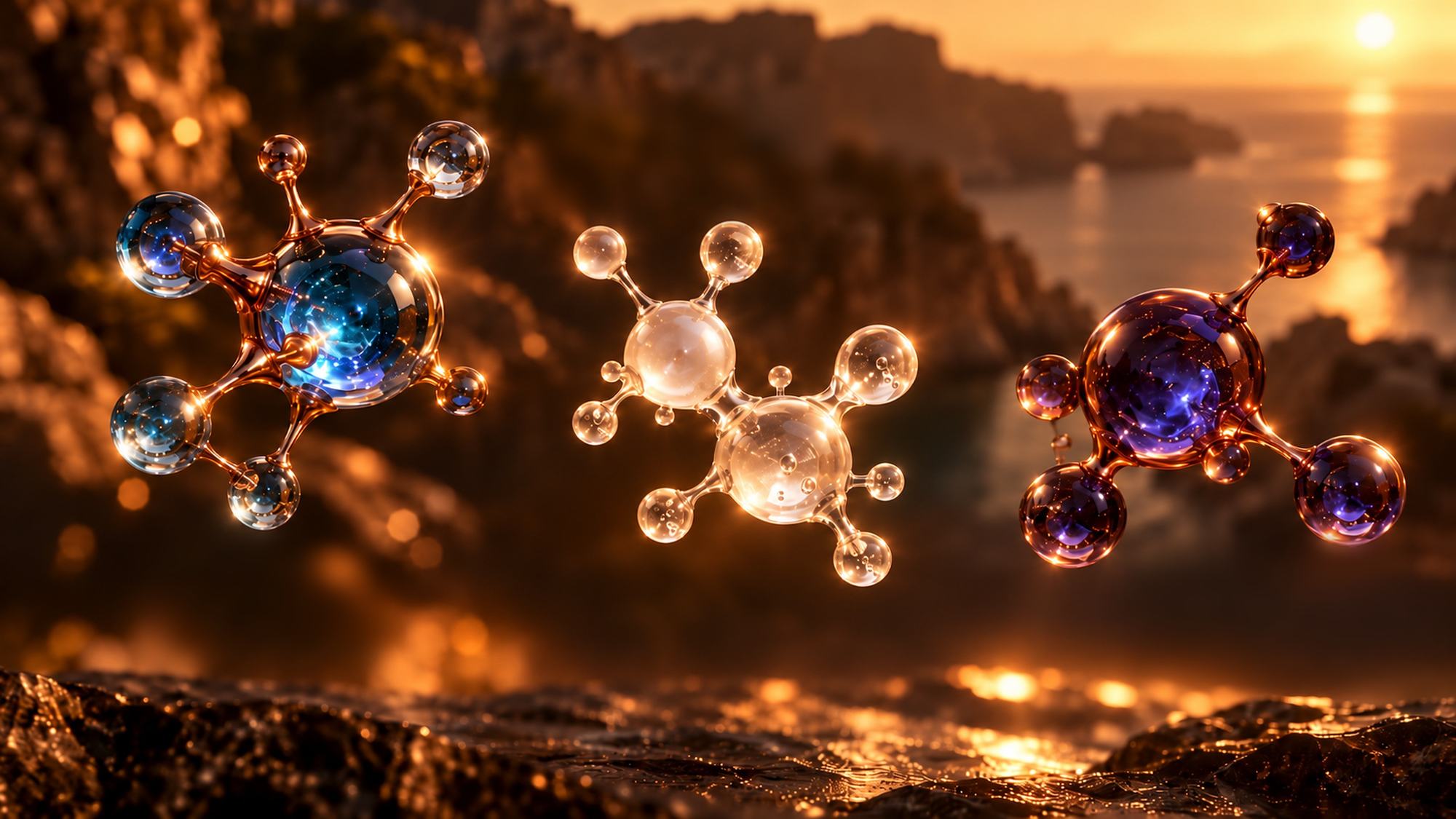 Three glass molecules floating above the calanques at sunset