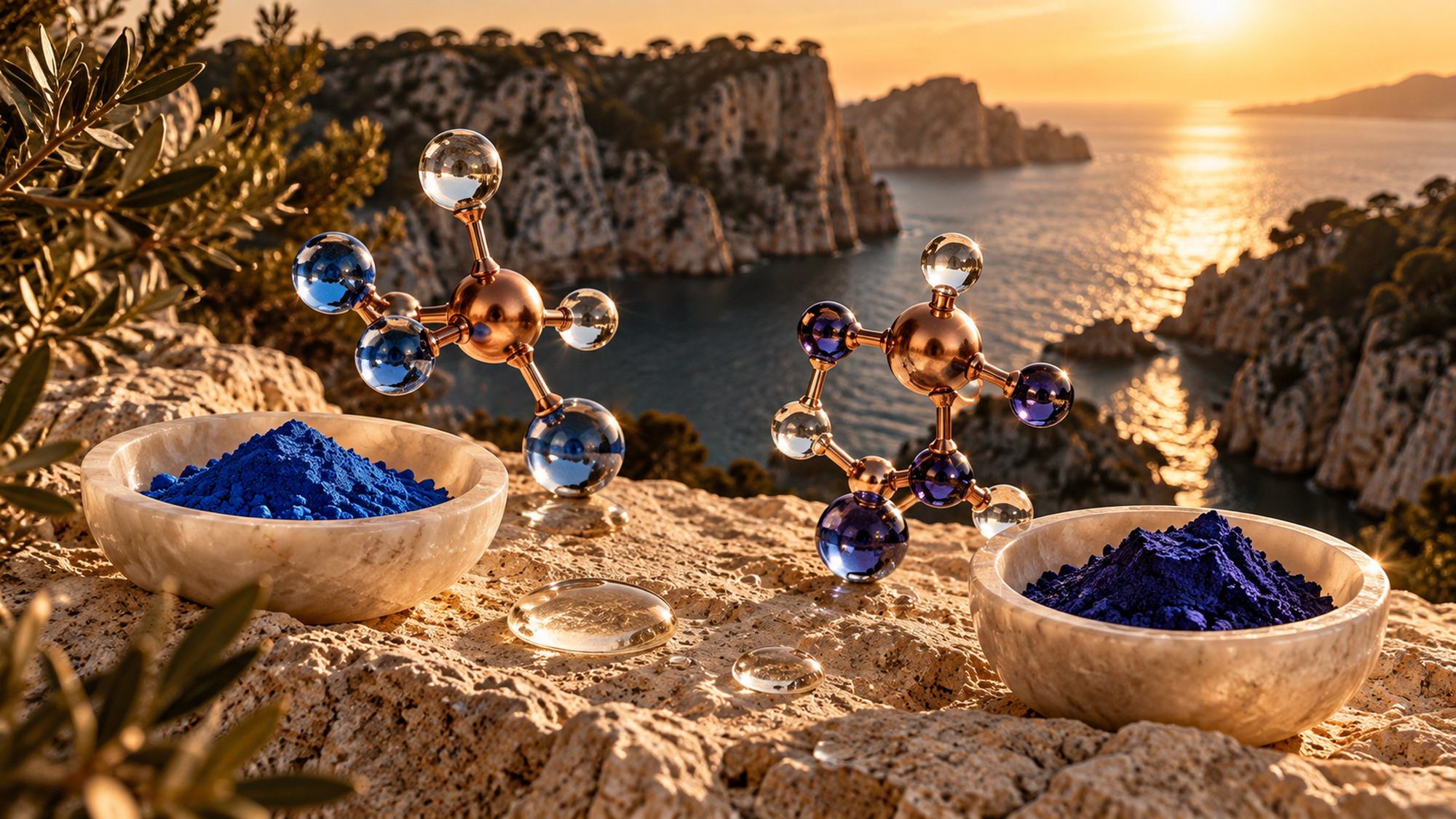 Copper peptide molecules in glass and gold above bowls of blue peptide powder, the calanques at sunset behind
