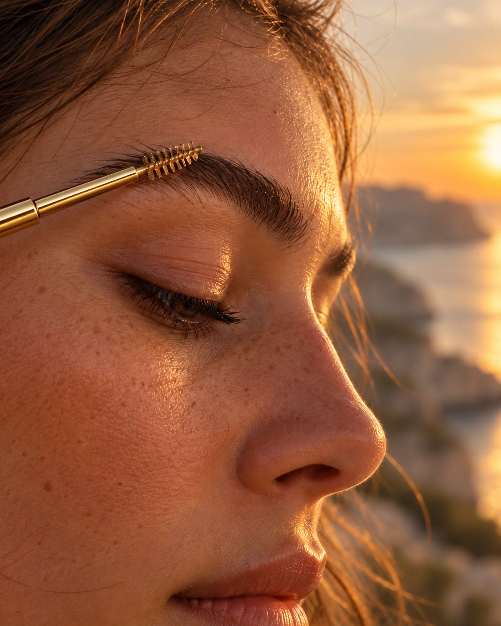 A gold wand brushing serum upward through a full brow at sunset