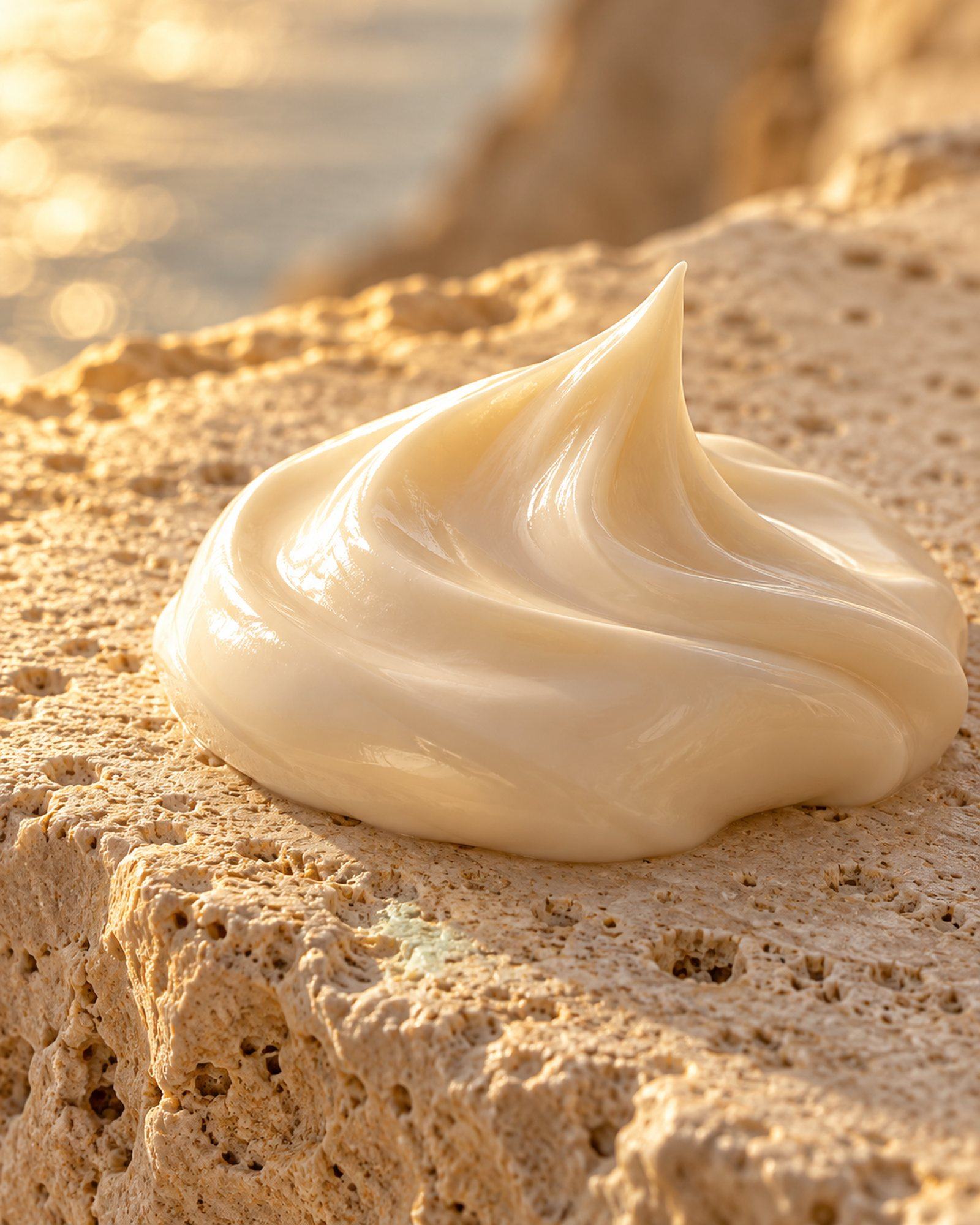 A sculpted swirl of ivory cream on limestone