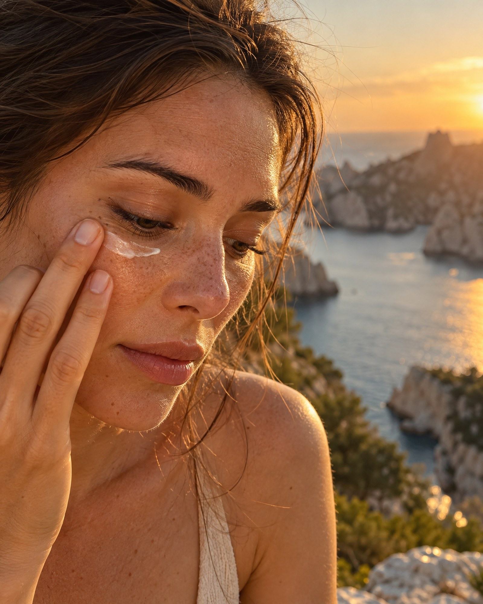 A ring finger tapping ivory eye cream beneath the eye