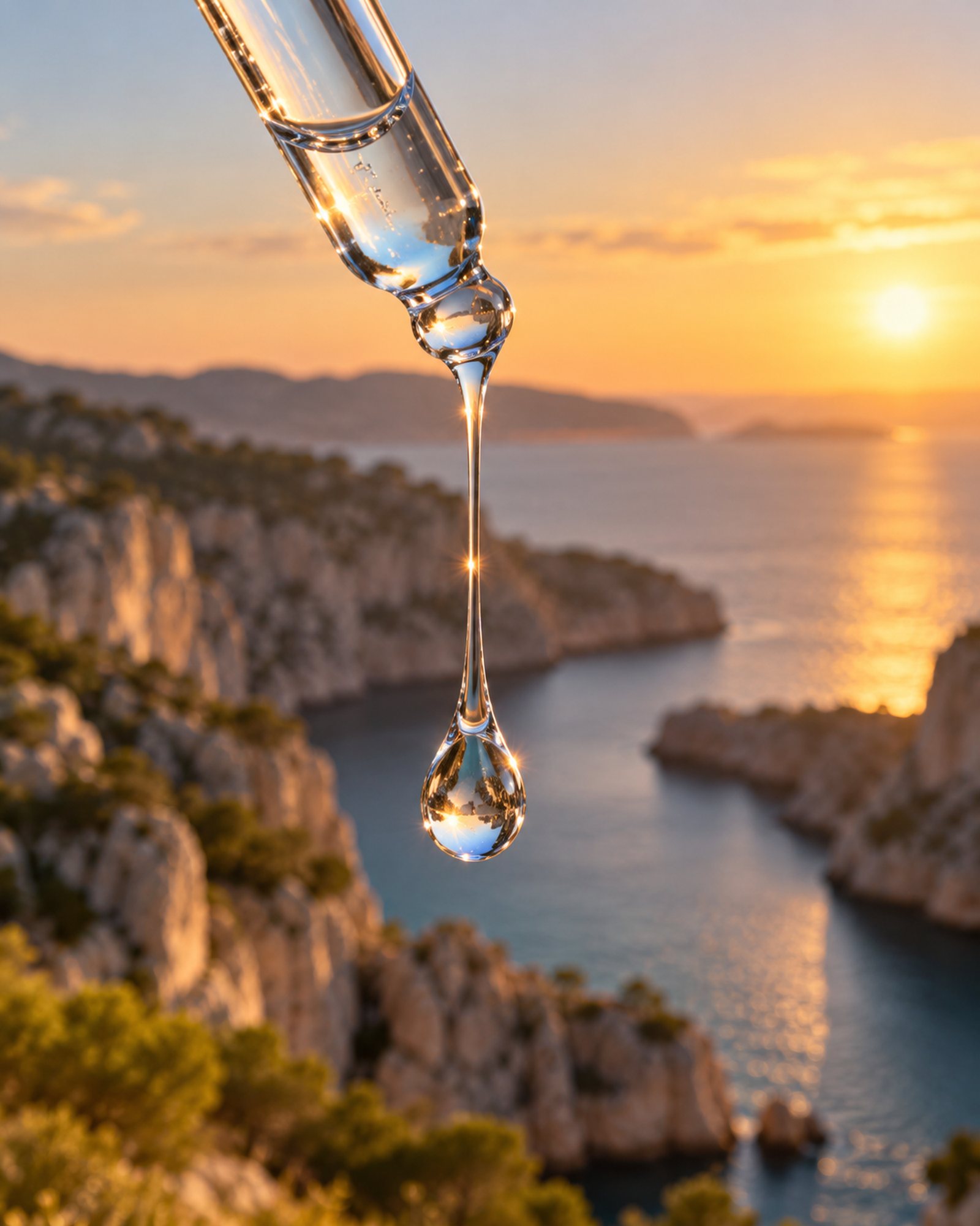 A thread of Hair Serum falling from a glass dropper above the calanques