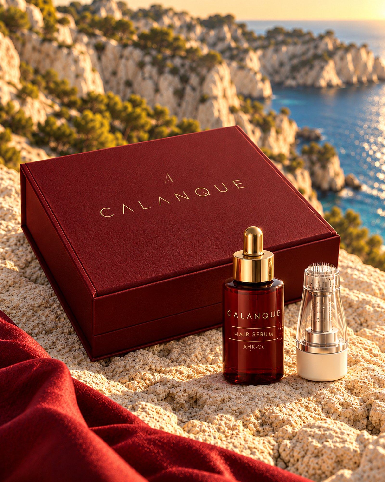 The closed oxblood Hair Kit box on limestone with the serum and stamp beside it