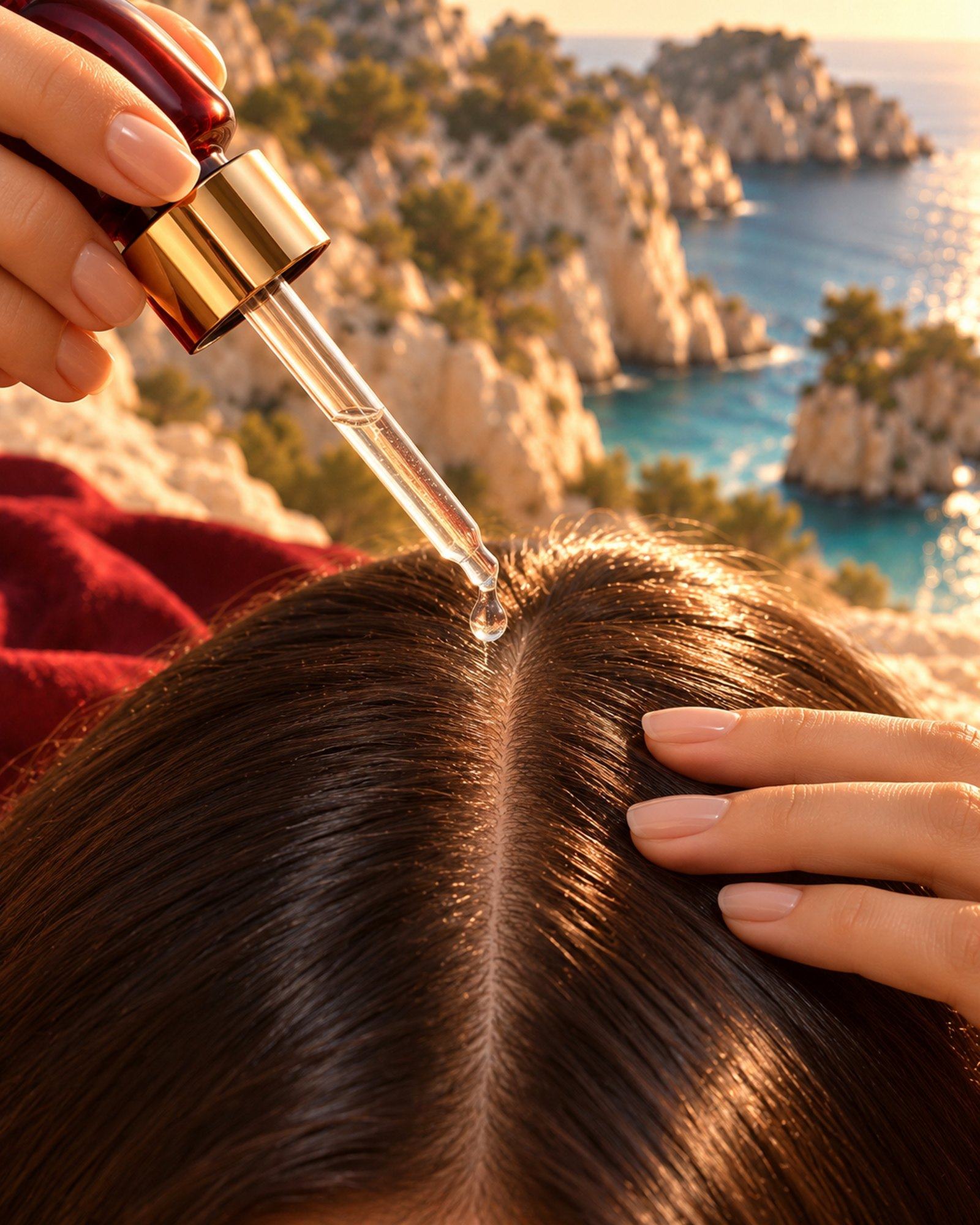 A drop of Hair Serum falling from the gold dropper onto a clean part