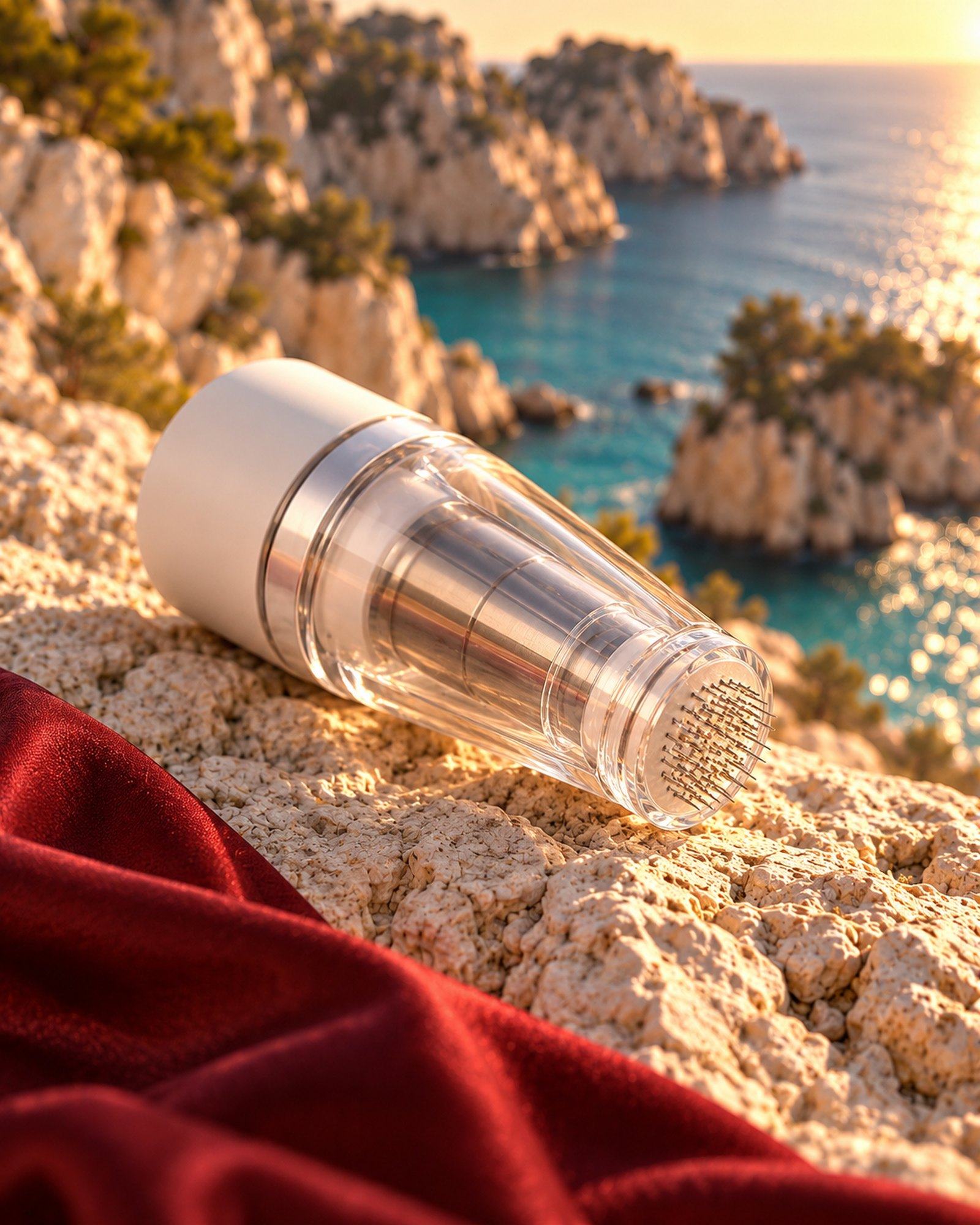 The clear Scalp Stamp on limestone, its micro-needle head catching the light