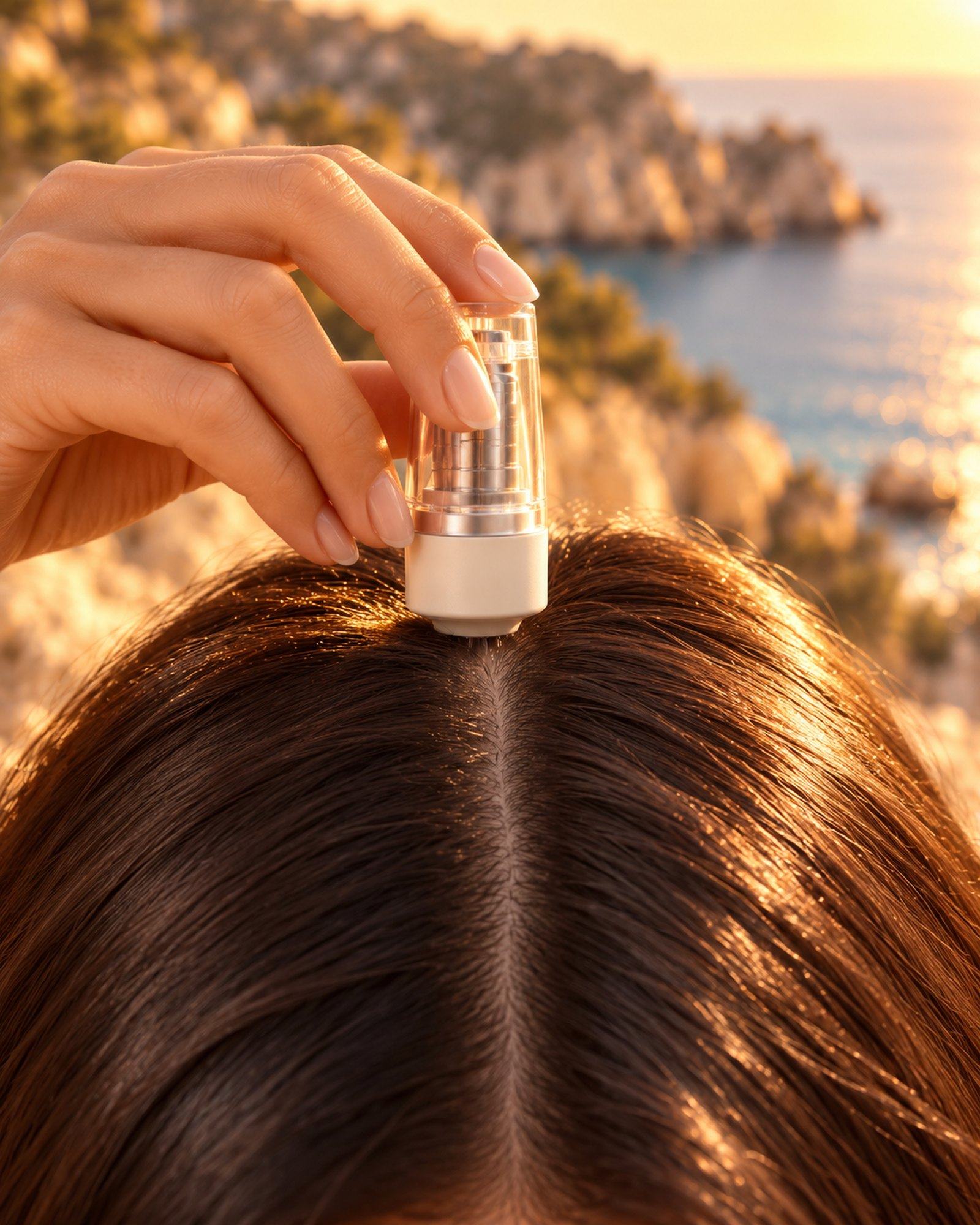 A woman pressing the Scalp Stamp along the part in her long dark hair