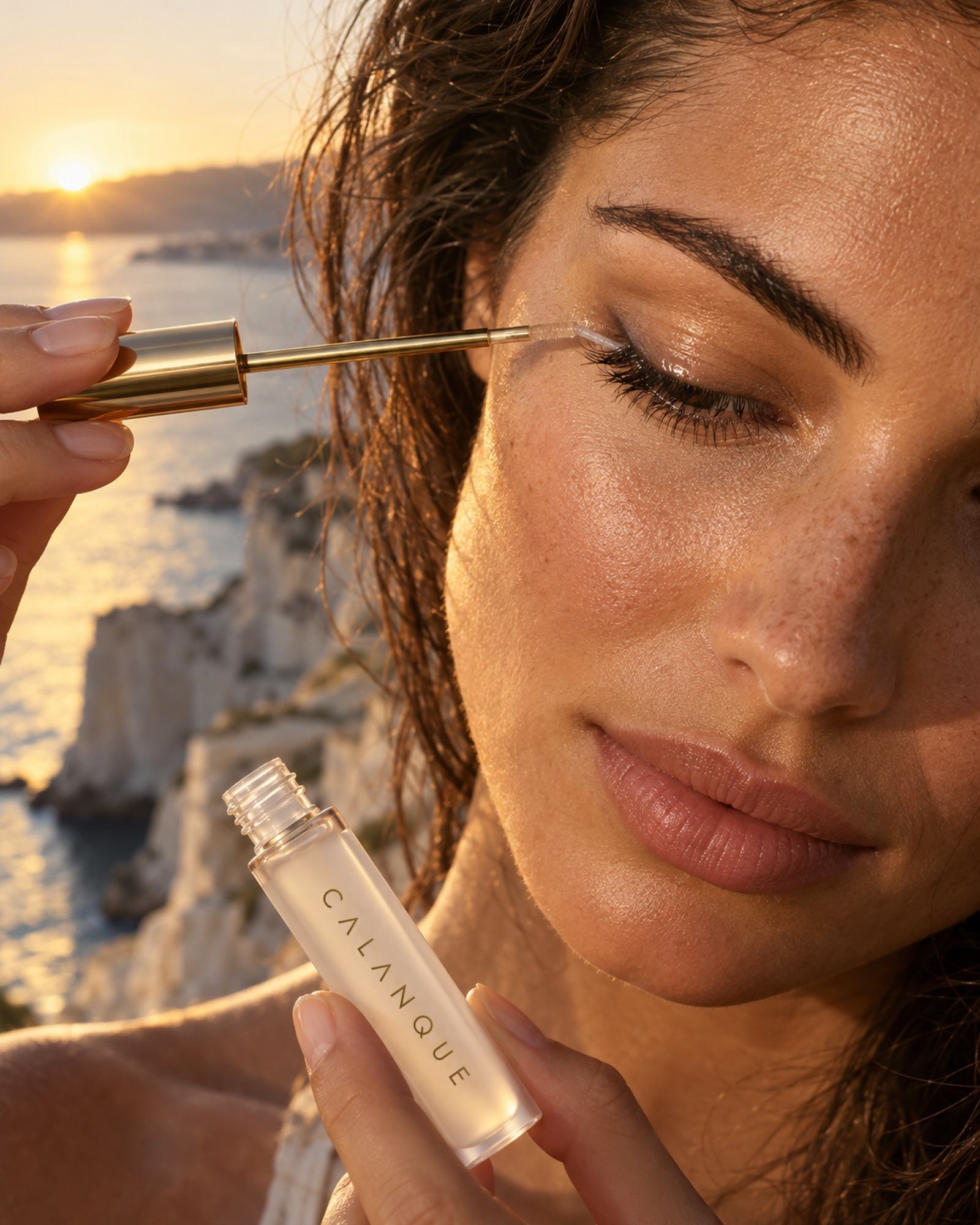 A gold wand brushing serum along the base of the upper lashes