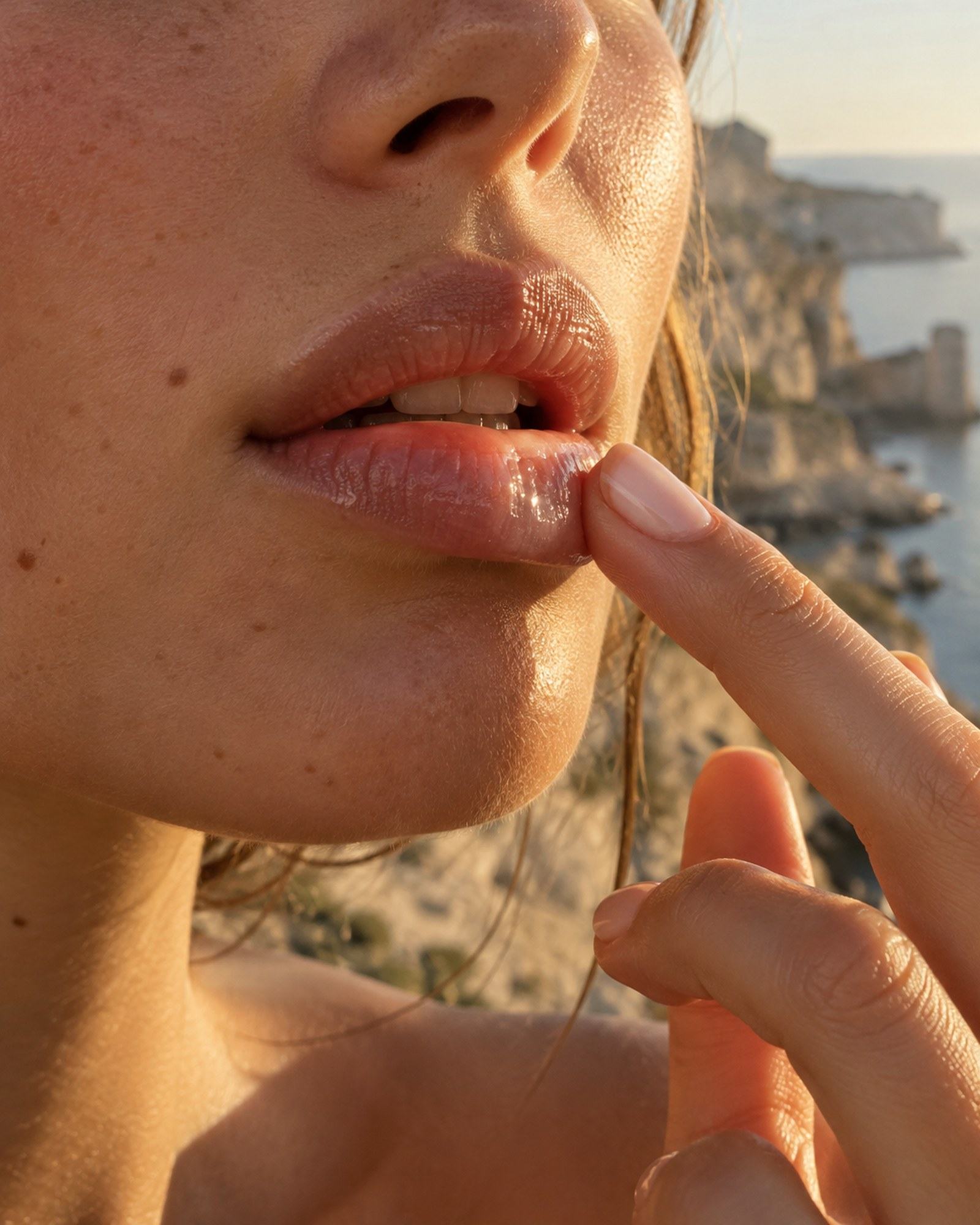 A fingertip smoothing clear balm across the lower lip