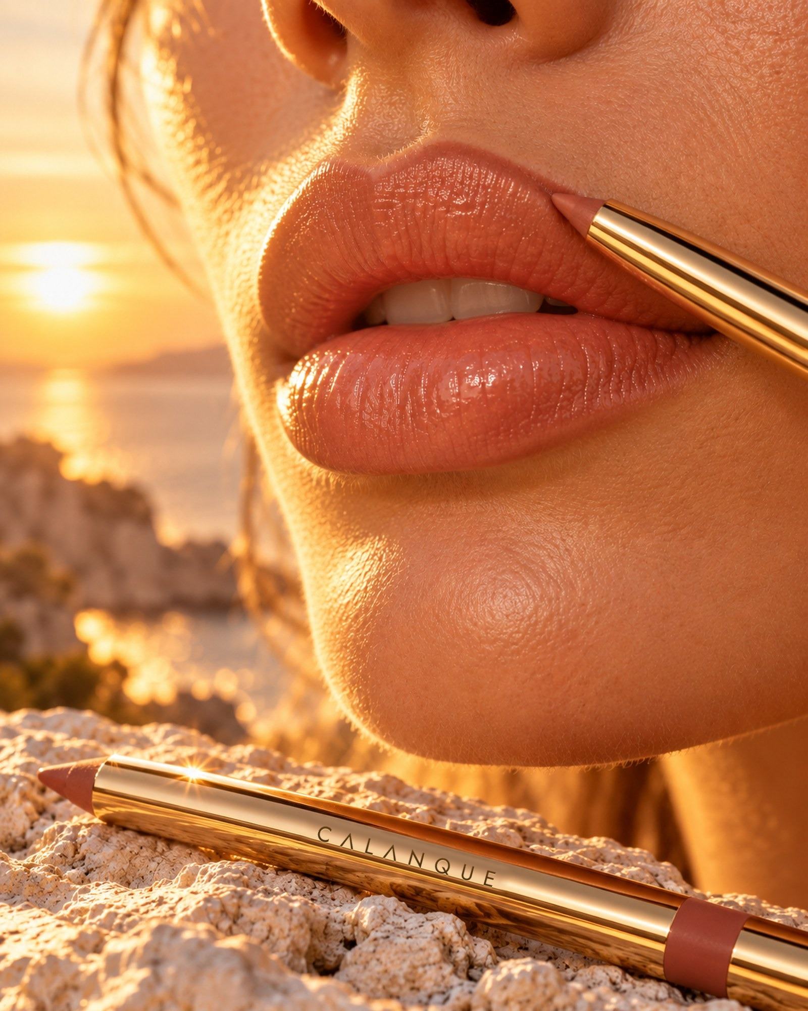 A gold lip pencil tracing the edge of the upper lip