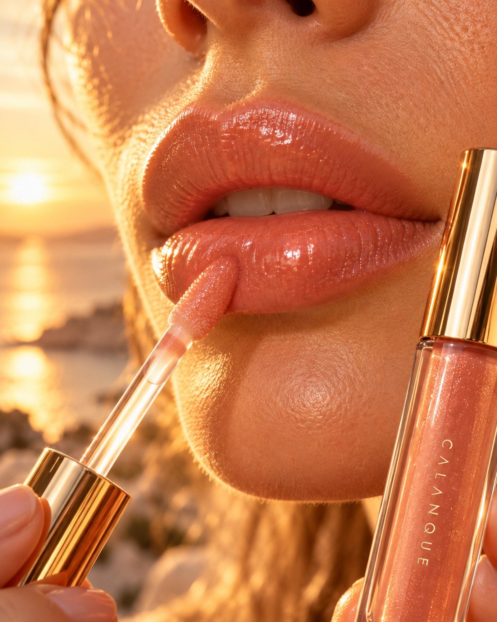 A gold applicator gliding glass-shine lip oil over the lower lip, the bottle beside it