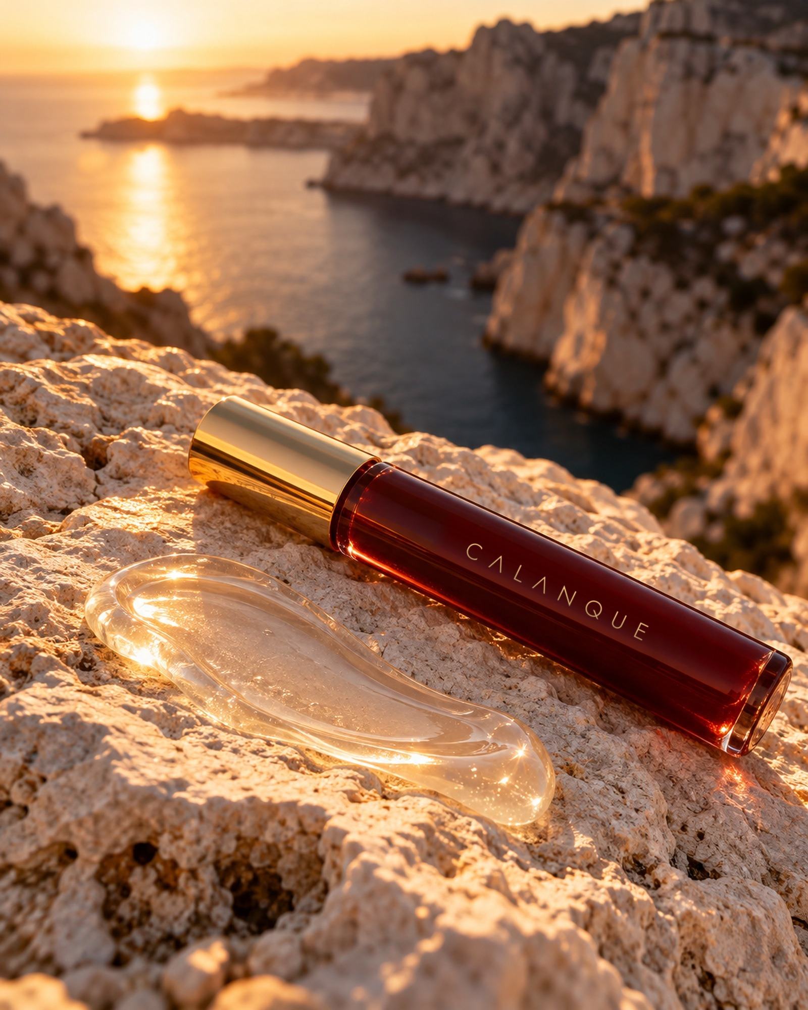 A clear smear of Lip Treatment beside its oxblood tube on limestone