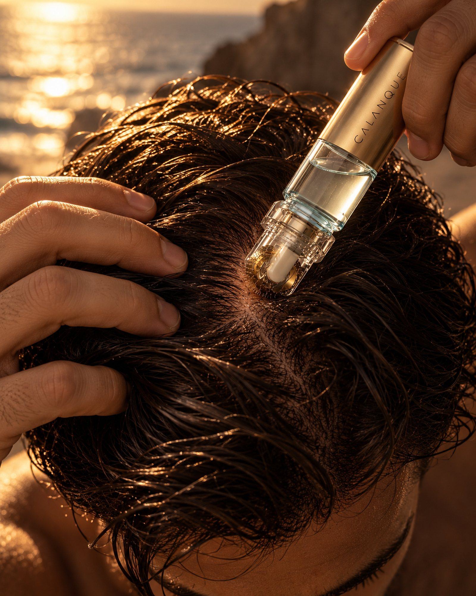 A man gliding the derma roller along a part in his hair