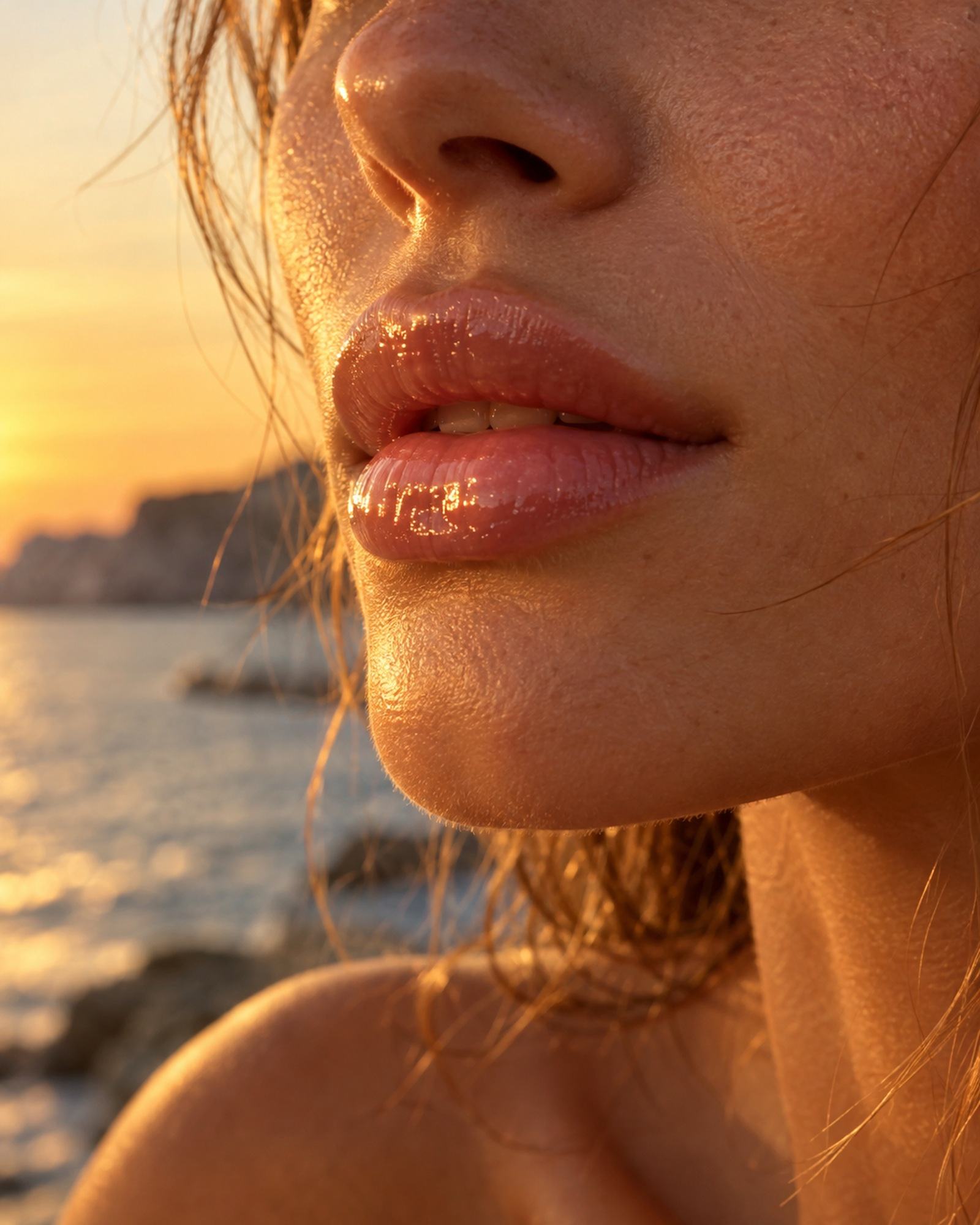 The glass-like shine of Lip Oil on the lower lip