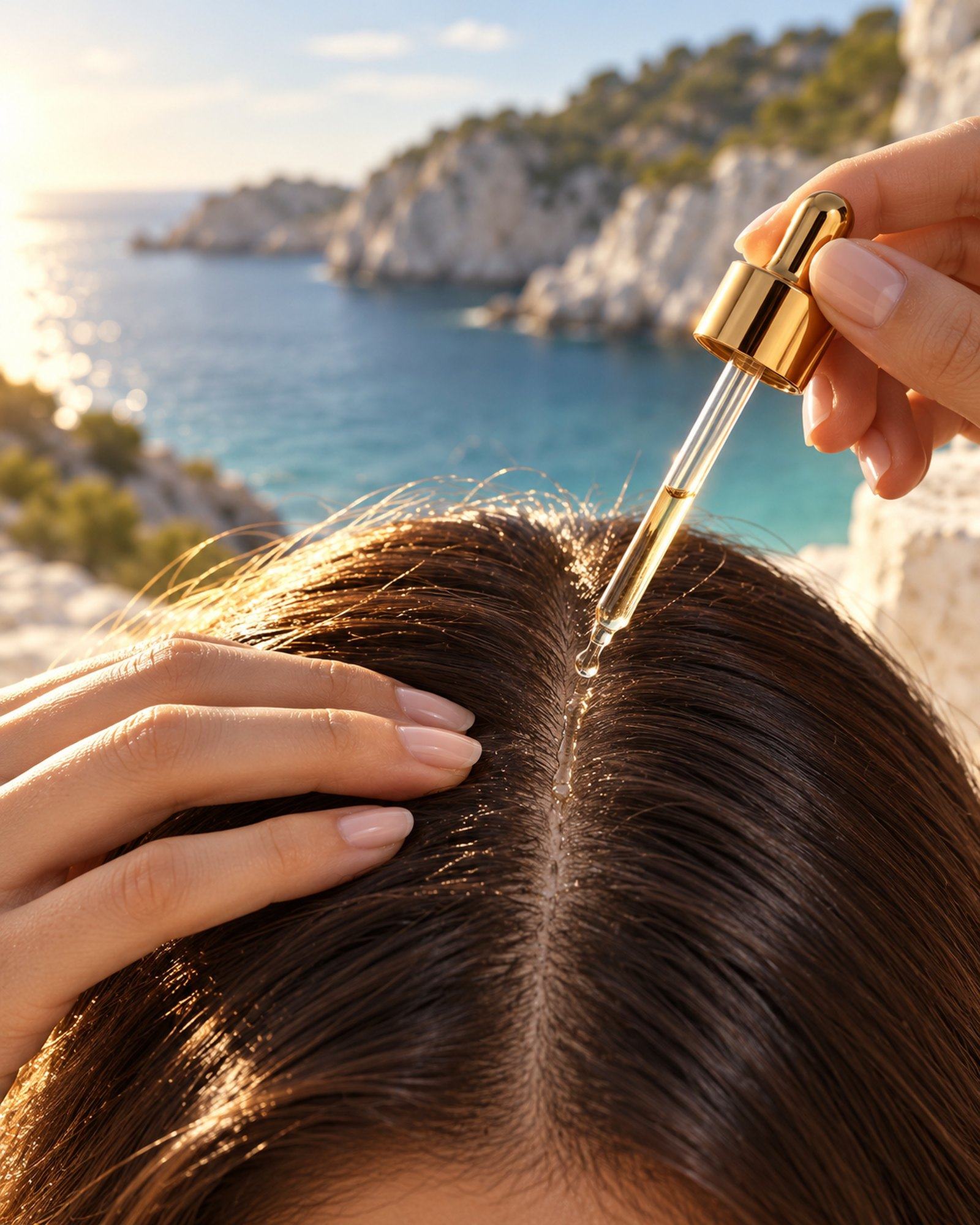 A gold dropper releasing Scalp Serum along a clean part in long dark hair