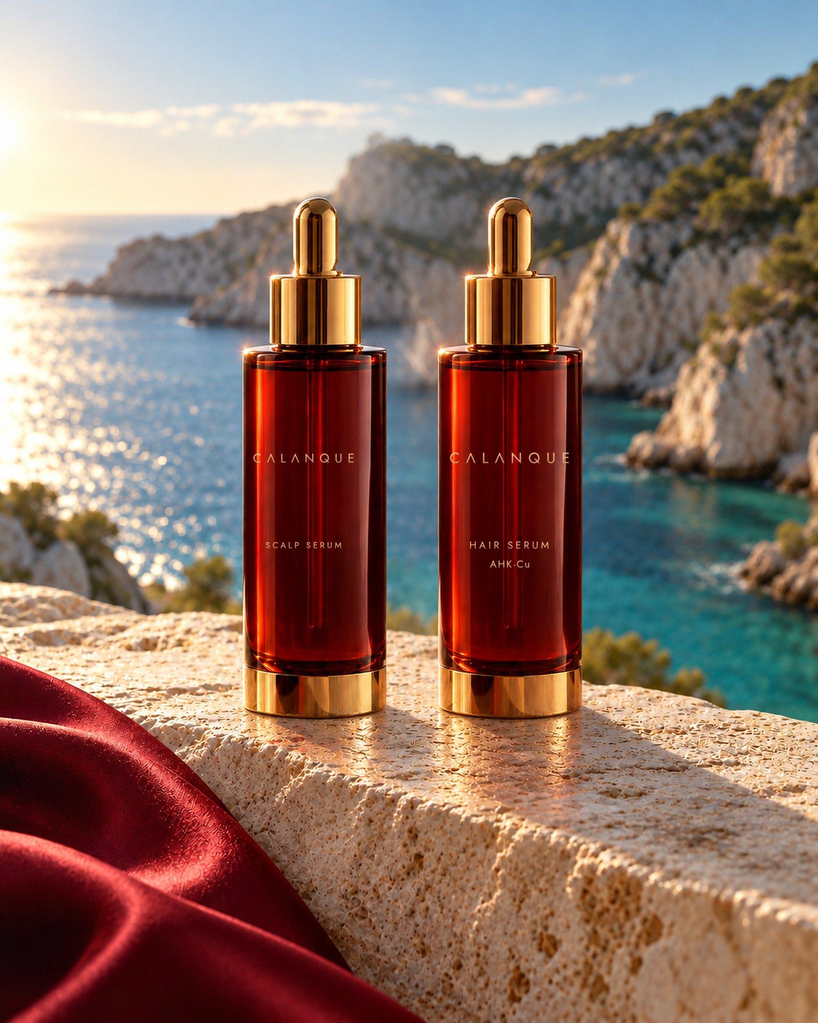 Scalp Serum and Hair Serum side by side on limestone above the sea, morning and night
