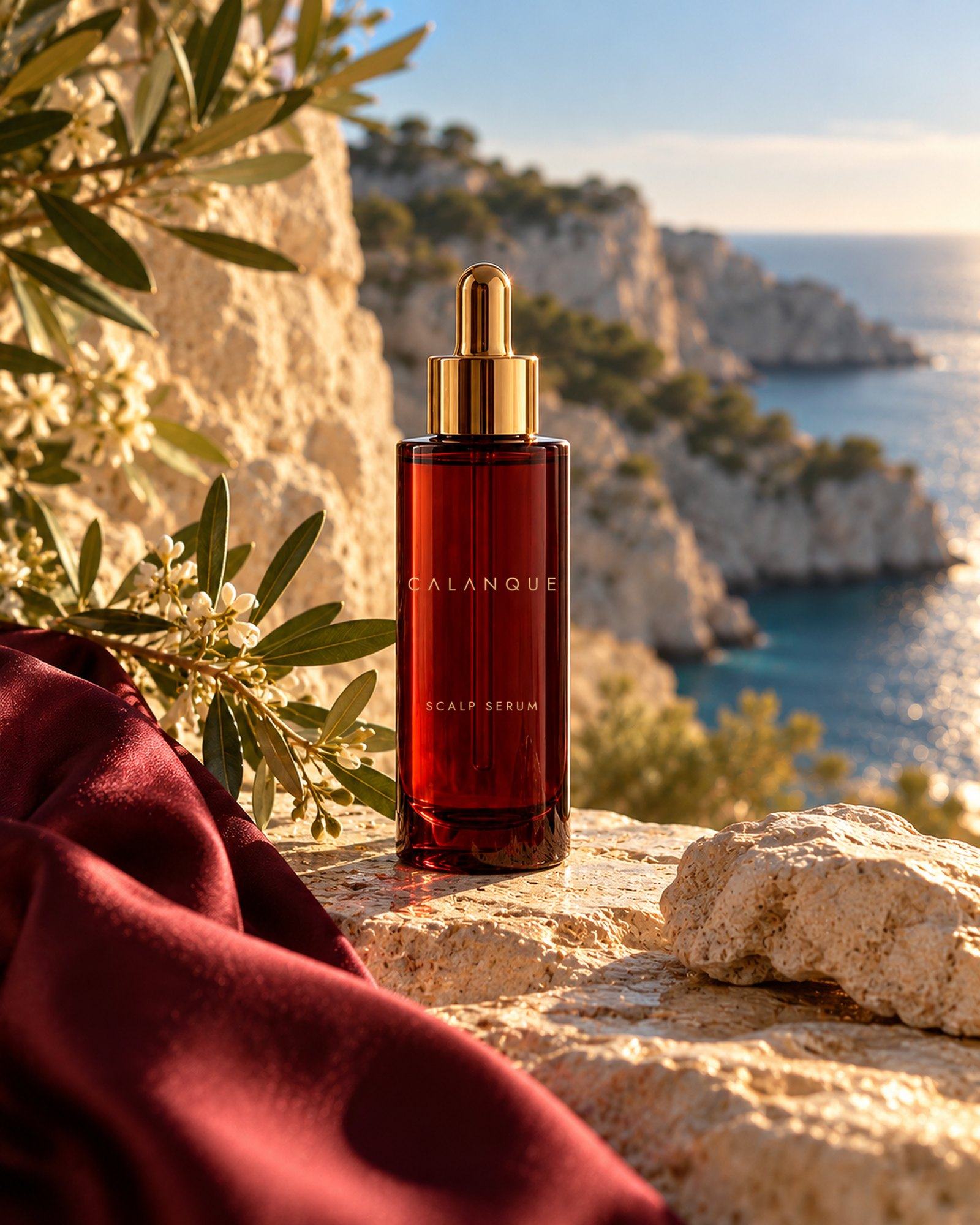 Scalp Serum beside an olive branch on limestone in Provençal morning light