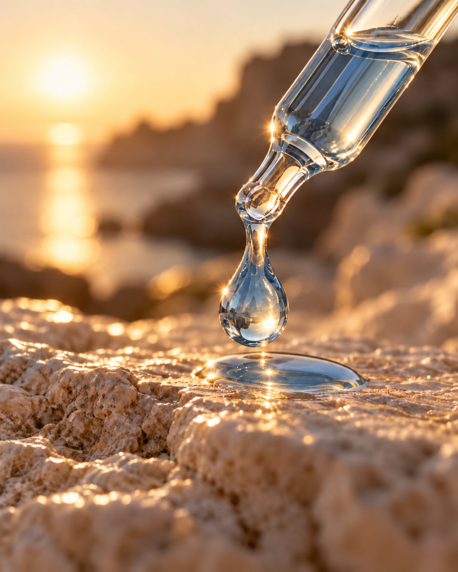 A clear drop of Face Serum falling from a glass dropper onto limestone