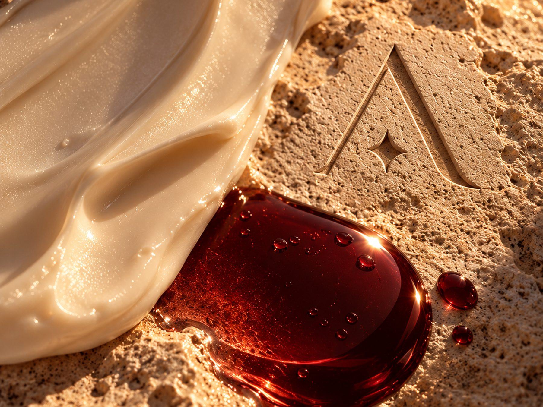 Ivory cream and a drop of serum beside oxblood glass on limestone engraved with the Calanque mark